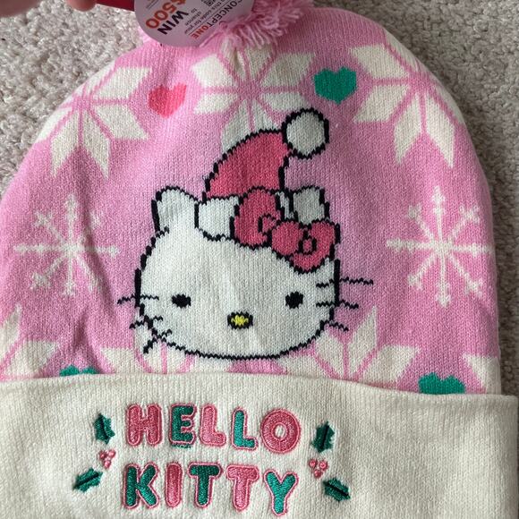 Hello Kitty pink snowflake Christmas winter beanie with pompom Sanrio kawaii - Picture 3 of 5